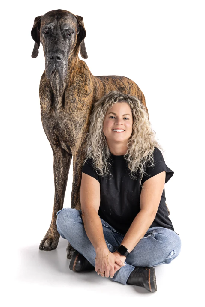 Keri Prather, LMFT, and her brindle Great Dane therapy dog, Anders, providing counseling services in Fullerton, CA.